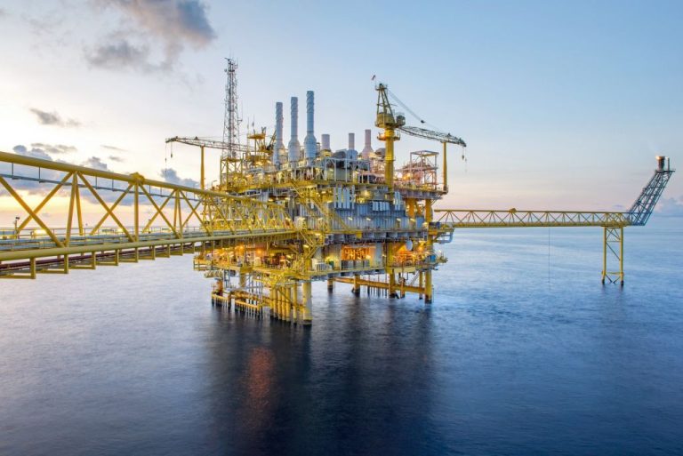 Large oil rig in ocean