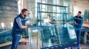 Two male workers holding pane of glass
